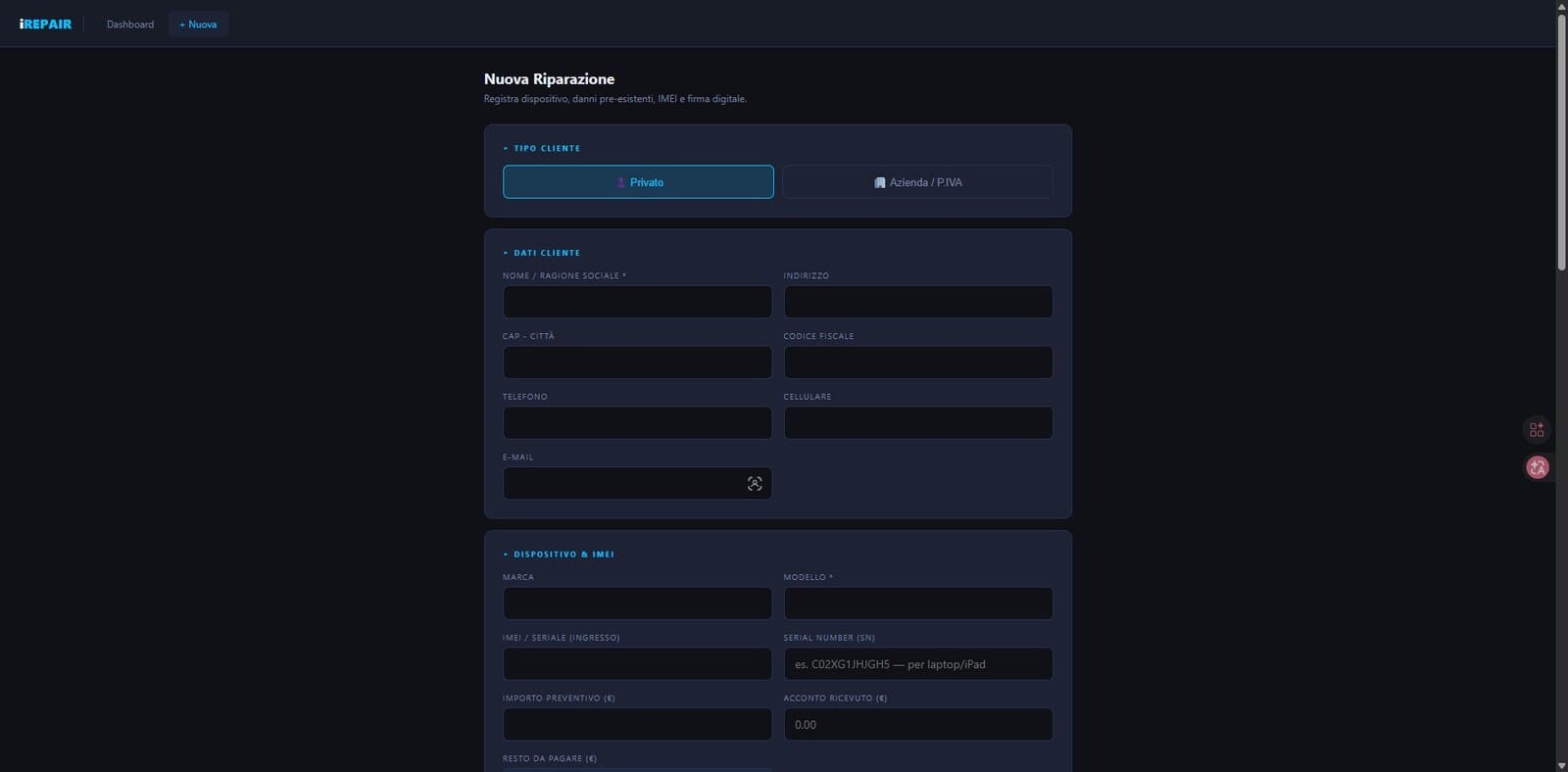 Gestionale per centri riparazione - form nuova riparazione con firma OTP
