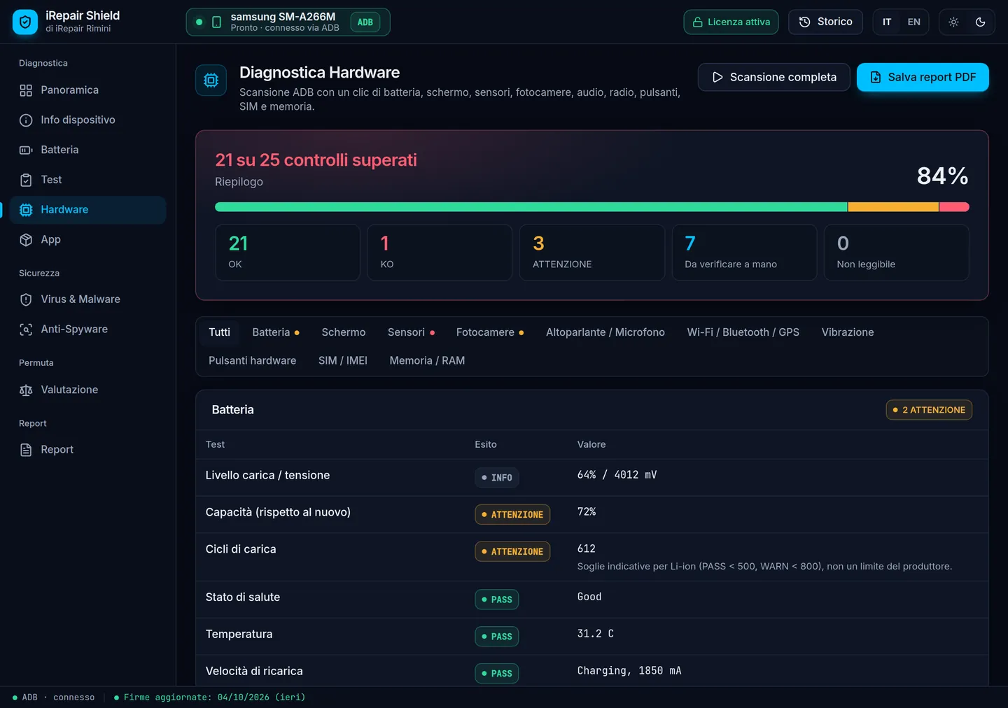 iRepair Shield, Diagnostica hardware Android: 25 controlli ADB con riepilogo OK, KO e Attenzione
