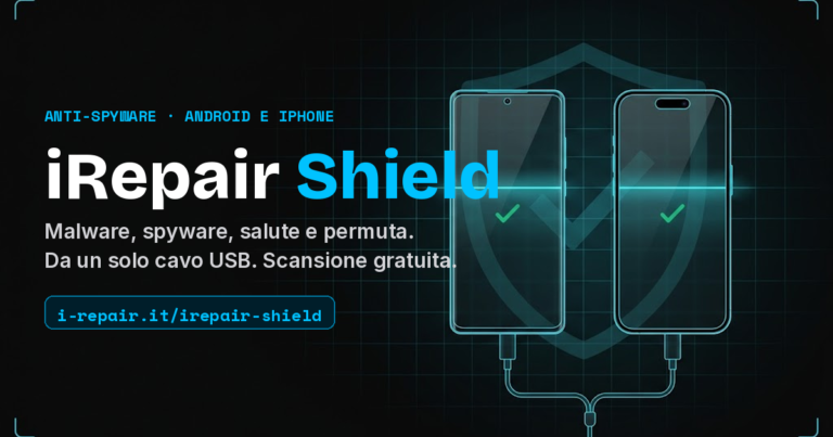iRepair Shield, software anti-spyware per Android e iPhone: due smartphone collegati via USB con scansione completata e scudo di protezione