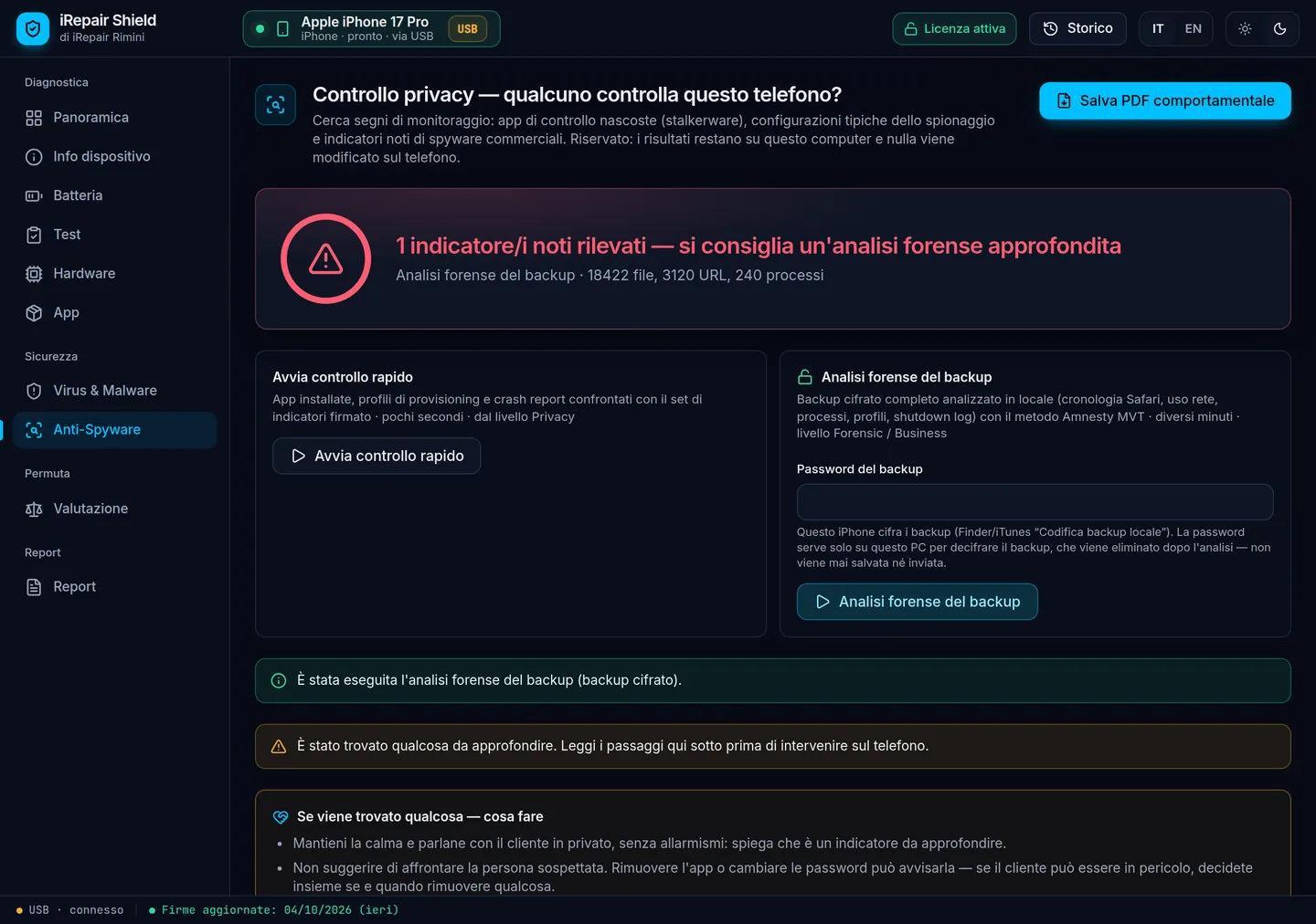 iRepair Shield, Anti-Spyware iPhone: analisi forense del backup con indicatore noto rilevato
