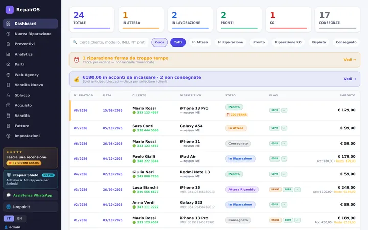 iRepairOS: dashboard del gestionale riparazioni con contatori, ricerca e avvisi