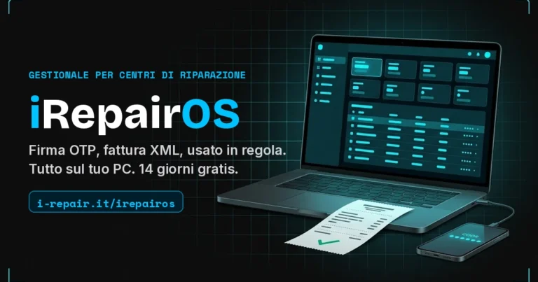 iRepairOS, gestionale riparazioni smartphone: dashboard sul laptop, ricevuta stampata e firma OTP sul telefono